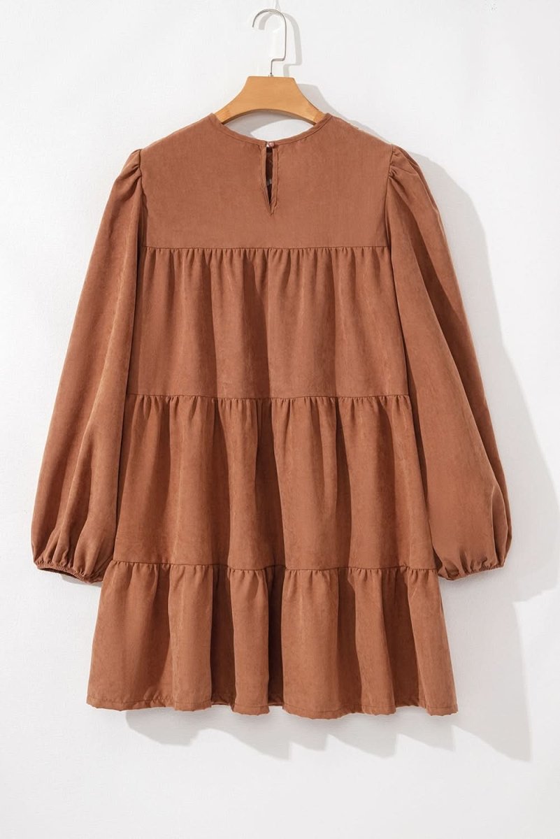 Chestnut Floral Lace Crochet Tiered Ruffled Mini Dress - Love Salve